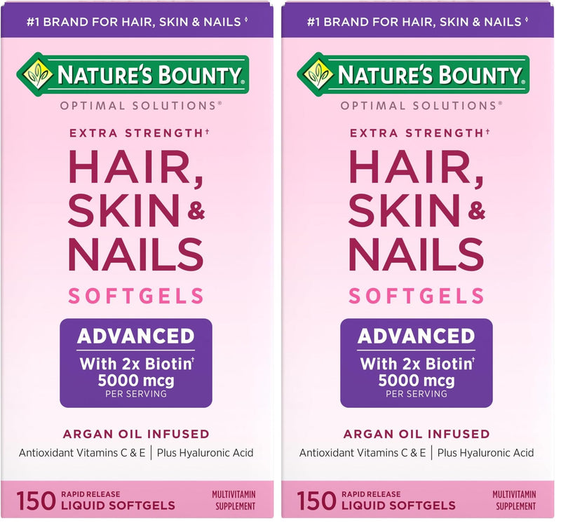 Nature's Bounty Advanced Hair, Skin & Nails, Argan-Infused Vitamin Supplement with Biotin and Hyaluronic Acid, 150 Rapid Release Softgels (Pack of 2) Unflavored 150 Count (Pack of 2)