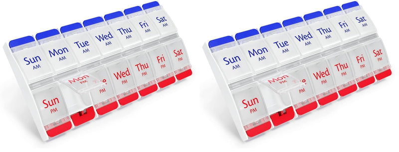 EZY DOSE Push Button (7-Day) Pill Case, Medicine Planner, Daily Vitamin Organizer, 2 Times a Day AM/PM, Large Compartments, Arthritis Friendly, Easy to Use, Clear Lids, Red/Blue, BPA Free (Pack of 2) 1 Count (Pack of 2)