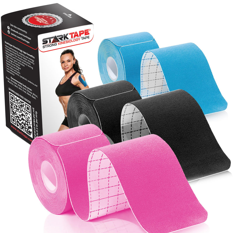 [Australia] - Kinesiology Tape Athletic Pro Sports - 3 Rolls, 60 Precut Strips. Latex Free, Works Great for Muscles Ankle Wrists Knees Joints Running Tennis Swimming Football Soccer. Stays on for Several Days Black / Blue / Pink Precut 