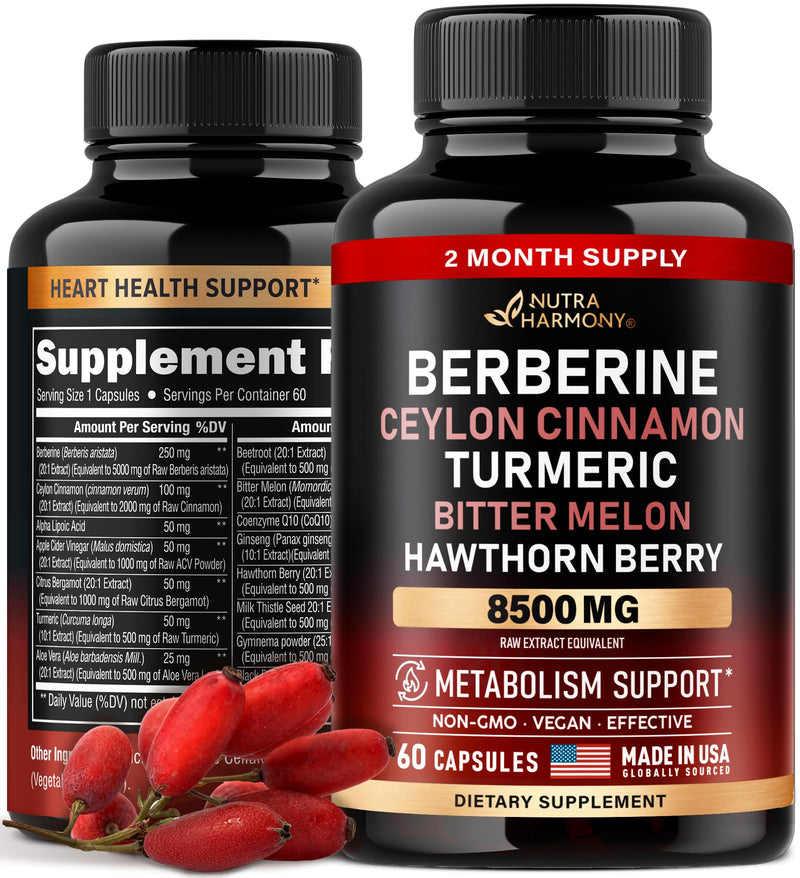[Australia] - Berberine with Ceylon Cinnamon 10000 mg with Apple Cider Vinegar | Hawthorn Berry | Citrus Bergamot | Bitter Melon - 15-in-1 Supplement for Heart Support, Metabolism & Energy - Vegan, 60 Capsules 