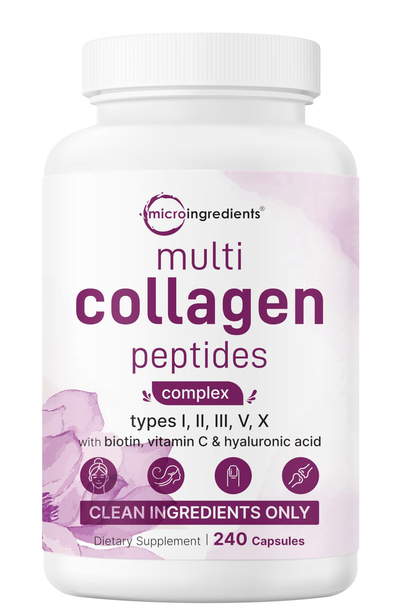 Micro Ingredients Multi Collagen Peptides Pills, 240 Capsules | For Women & Men. Type I, II, III, V, X. Hydrolyzed Collagen Supplement with Biotin, Hyaluronic Acid & Vitamin C. Filler Free. 240 Count (Pack of 1)