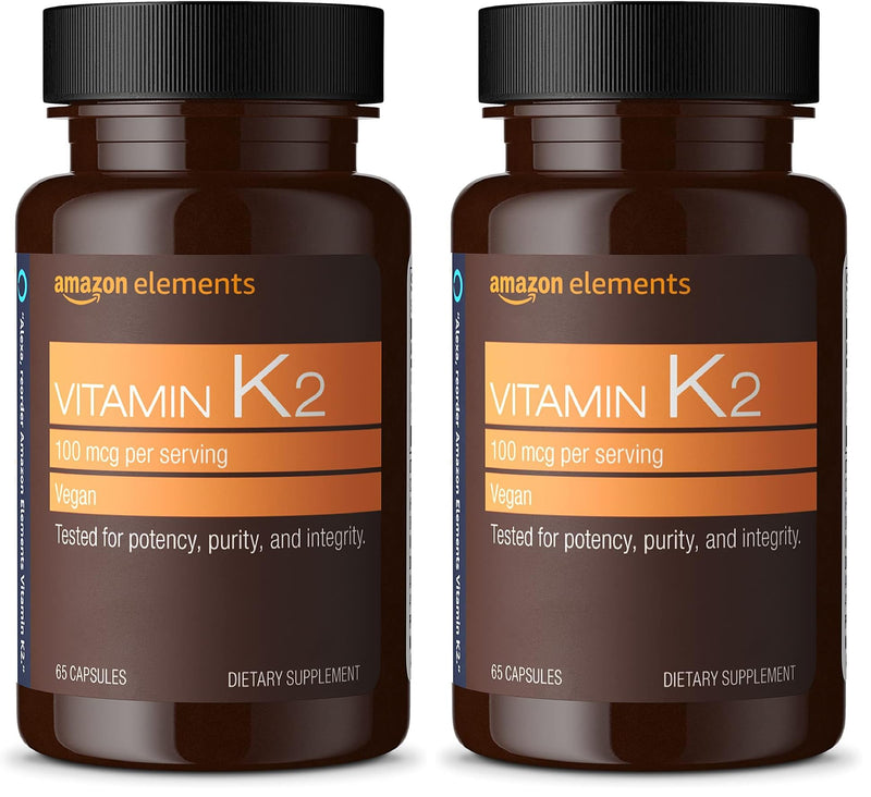 Amazon Elements Vitamin K2 100 mcg, Vegan, 65 Capsules, 2 Month Supply (Packaging May Vary) (Pack of 2) 65 Count (Pack of 2)