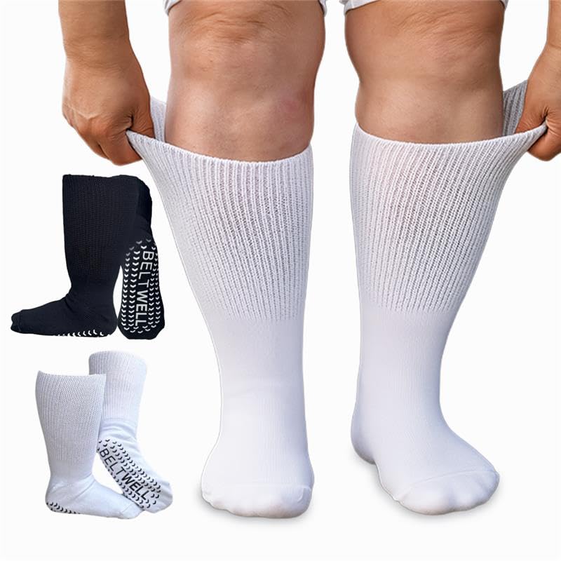 [Australia] - Beltwell® Super Stretchy Socks for Swollen Feet & Legs – Improves Circulation & Mobility, Anti-Slip Grips (2 Pairs) One Size Tall White 