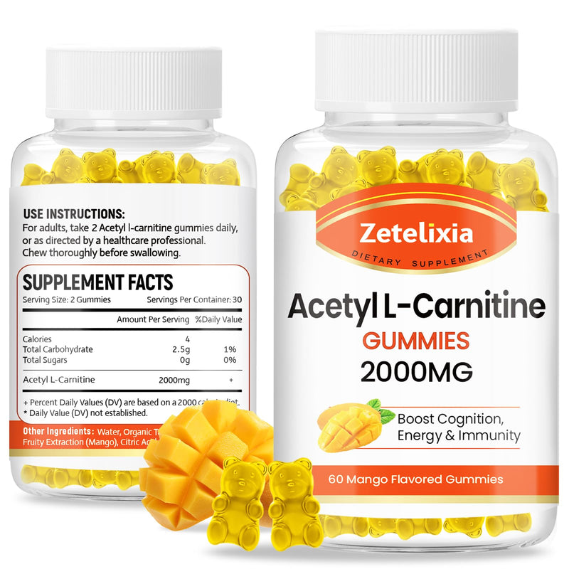[Australia] - 2 Pack Acetyl L-Carnitine Gummies 2000mg, L-Carnitine Supplement for Promote Fatty Acids Oxidation, Nutrition Supplement for Boost Energy, Immunity & Metabolism, Mango Flavor, 120 Count 60 Count (Pack of 2) 