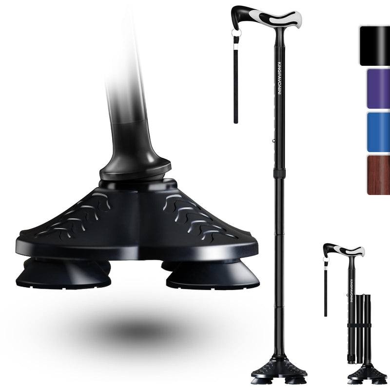 [Australia] - KingPavonini Walking Cane for Men Women Stability, Free Standing Foldable Cane, Ergonomic Handle Pivoting Quad Base, Heavy Duty 350 LBs, Adjustable Walking Canes for Seniors Balance with Travel Bag Black 