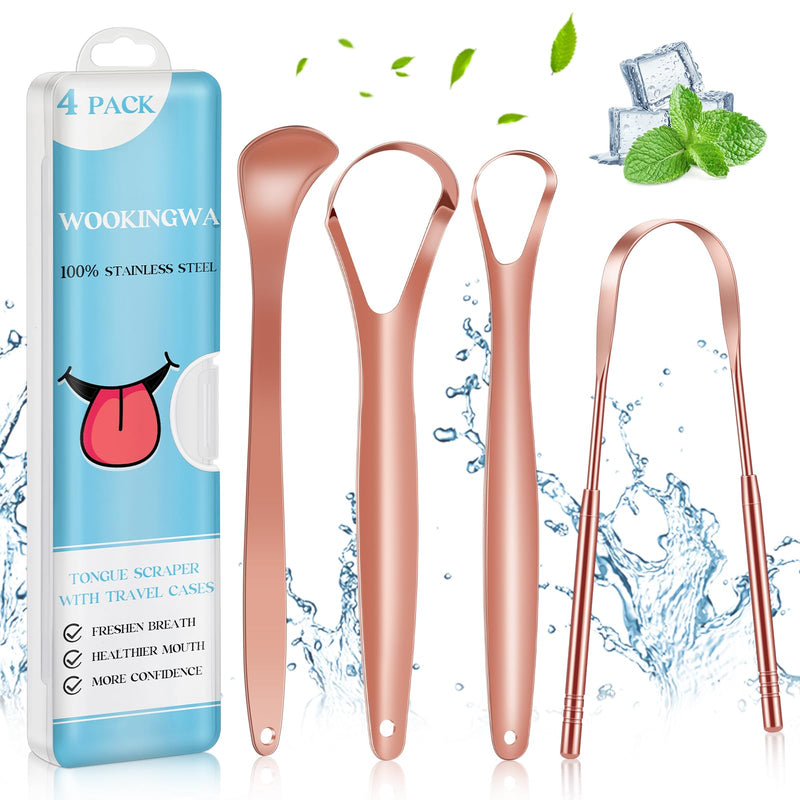 [Australia] - 4 Pack Tongue Scraper for Adults and Kids,100% Stainless Steel Tongue Scraper with Travel Case,Reduce Bad Breath,Easy to Use and Carry,Metal Tongue Scraper for Oral Care&Hygiene,Rose Gold Rose Gold 