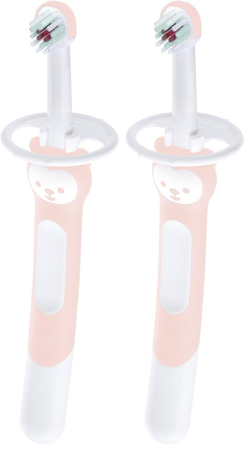 [Australia] - MAM Training Toothbrush for Babies (1 Baby's Brush with Safety Shield), Baby Toothbrush with Brushy The Bear Character, Interactive App, for Girls 5+ Months, Pink (Pack of 2) 1 Count (Pack of 2) 