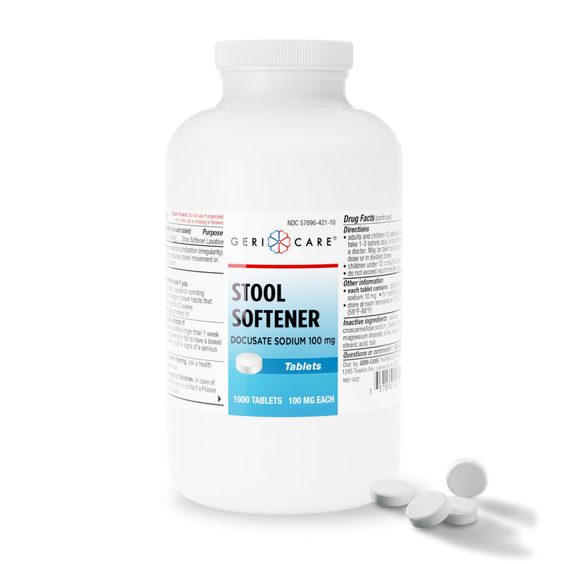 [Australia] - GeriCare Docusate Sodium Stool Softeners, Best Stool Softener for Daily use for Women, Men, and Elderly - Ideal for Constipation Relief 100mg Crushable Tablets. (1000 Count) Made in The USA. 1000 Count (Pack of 1) 