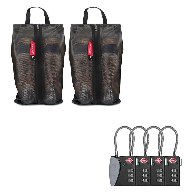 pack all Travel Accessories Bundle | Shoe Bag (2 Pack Black) & TSA Approved Cable Luggage Locks (4 Pack Grey)