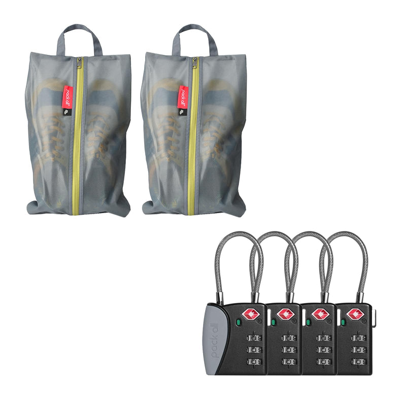 pack all Travel Accessories Bundle | Shoe Bag (2 Pack Grey) & TSA Approved Cable Luggage Locks (4 Pack Grey)