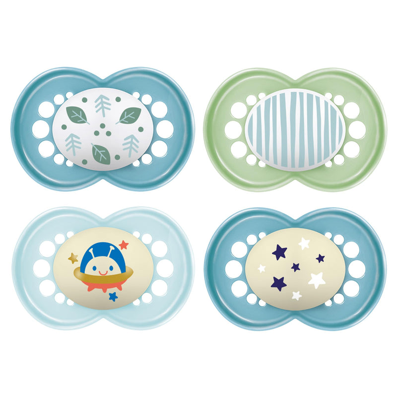 [Australia] - MAM Day & Night Pacifiers, Glow in The Dark Pacifier for Breastfed Babies, Nipple Shape Helps Promote Healthy Oral Development, BPA-Free Silicone Nipple, Easy to Clean, 16+ Months, 4 Count, Unisex Teal / Pale Mint / Sky 4 Count (Pack of 1) 