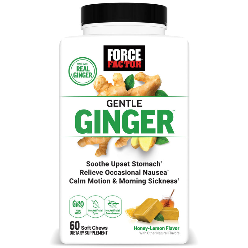 Force Factor Gentle Ginger Chews for Nausea Relief | Motion Sickness & Morning Sickness, Vitamin B6 for Digestive Support, Ginger Supplement, Honey-Lemon Ginger Flavor, 60 Chews