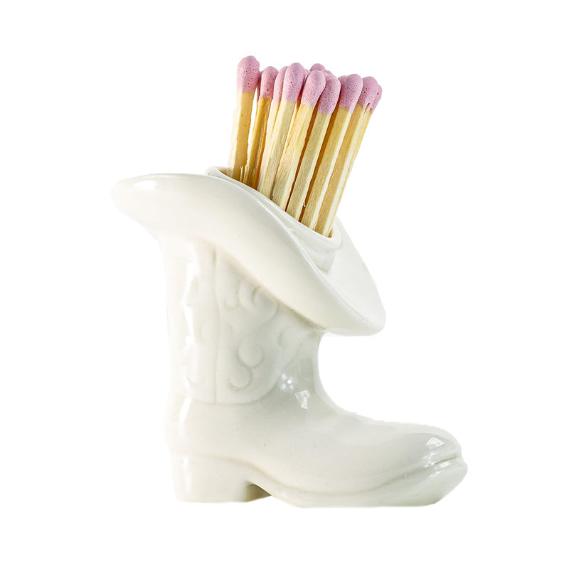 [Australia] - Cowboy Boot Match Holder With Striker - Ceramic cowgirl boots coastal Western home decor aesthetic, Matchesboxes For pink Bathroom Bedroom Glossy White 