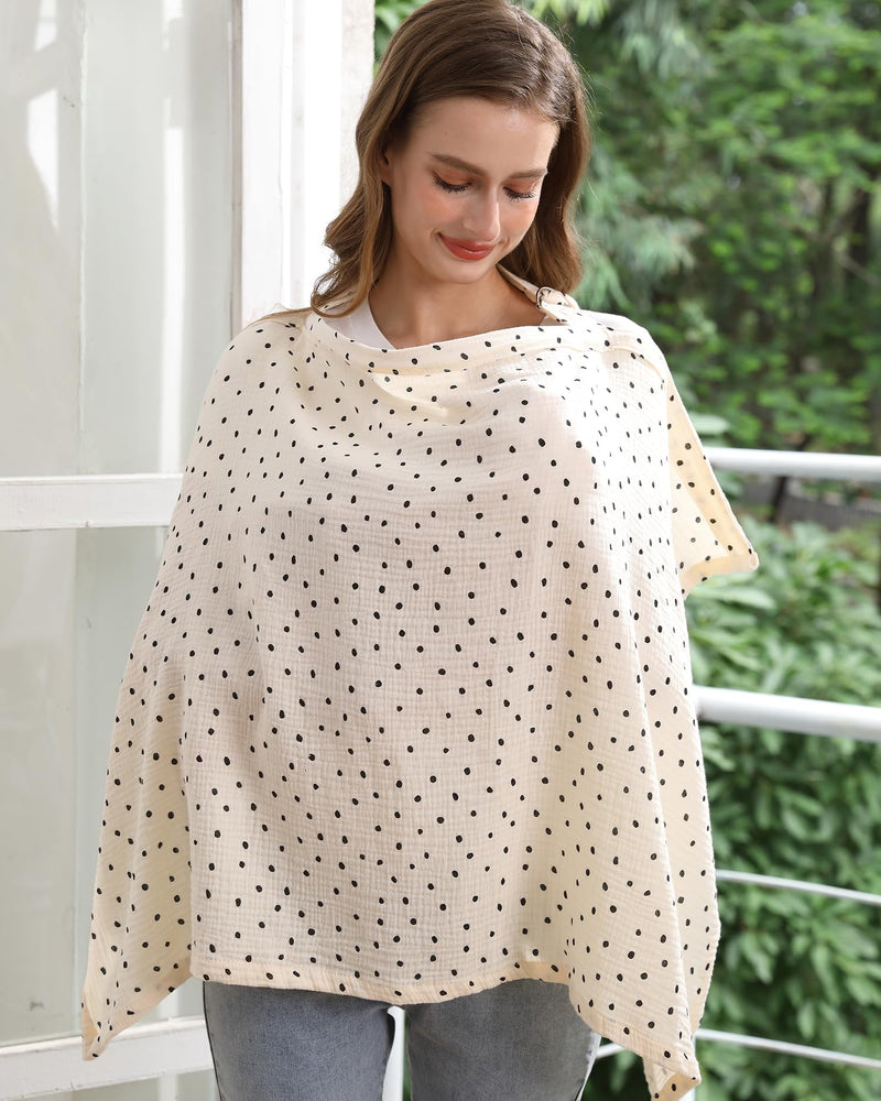 [Australia] - Nursing Cover for Baby Breastfeeding with Rigid Hoop, Breathable Soft 100% Muslin Cotton, Baby Breast Feeding & Pumping Apron, Multi Use Baby Car Seat Stroller Cover (Beige polka dots) Beige polka dots 
