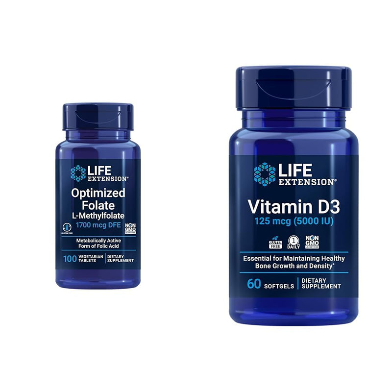 Life Extension Optimized Folate Heart & Brain Support Tablets and Vitamin D3 Bone, Brain & Immune Health Softgels - 100 Tablets, 60 Softgels Unflavored + Vitamin D3 125 mcg 100 Count (Pack of 1)