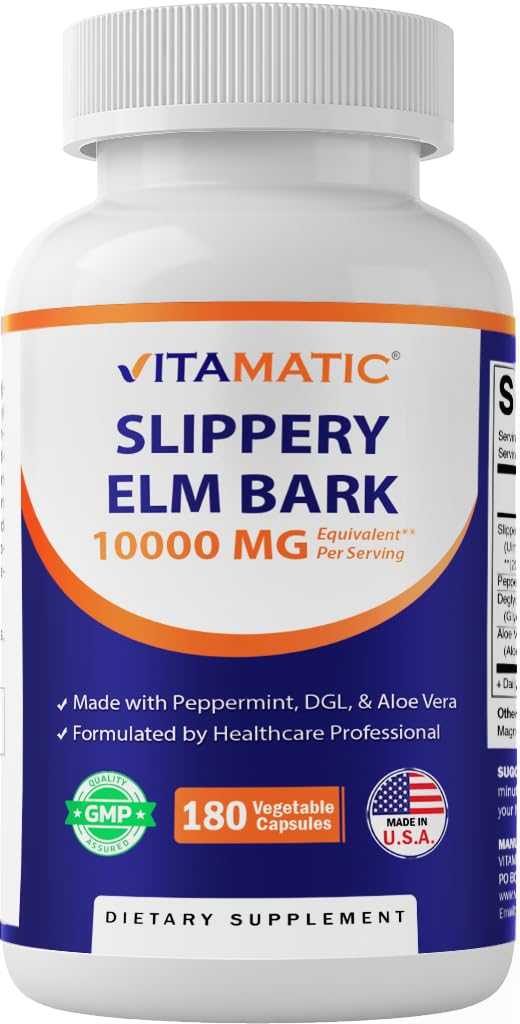 [Australia] - Vitamatic Slippery Elm Bark 10000 mg Equivalent Per Serving (from 20:1 Extract 500 mg), Made with Peppermint, DGL, & Aloe Vera - 180 Veg Capsules, and Concentrated 20X Potency 