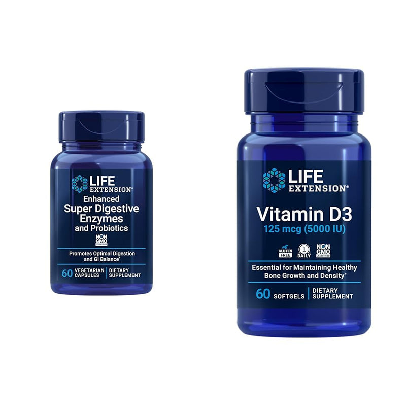 Life Extension 60-Count Super Digestive Enzymes & 5000 IU Vitamin D3 Capsules for Digestion, Bone, Brain, Immune Health Probiotics + Vitamin D3 125 mcg
