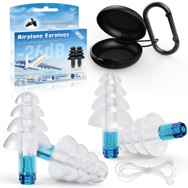 [Australia] - Ear Plugs for Airplane Pressure Relief, 2 Pairs Adults Soft Silicone Reusable Airplane Earplugs 26dB, with Silicone Connector Cord, Travel Essentials for Flying, Ear Protection Earplugs for Plane Blue 
