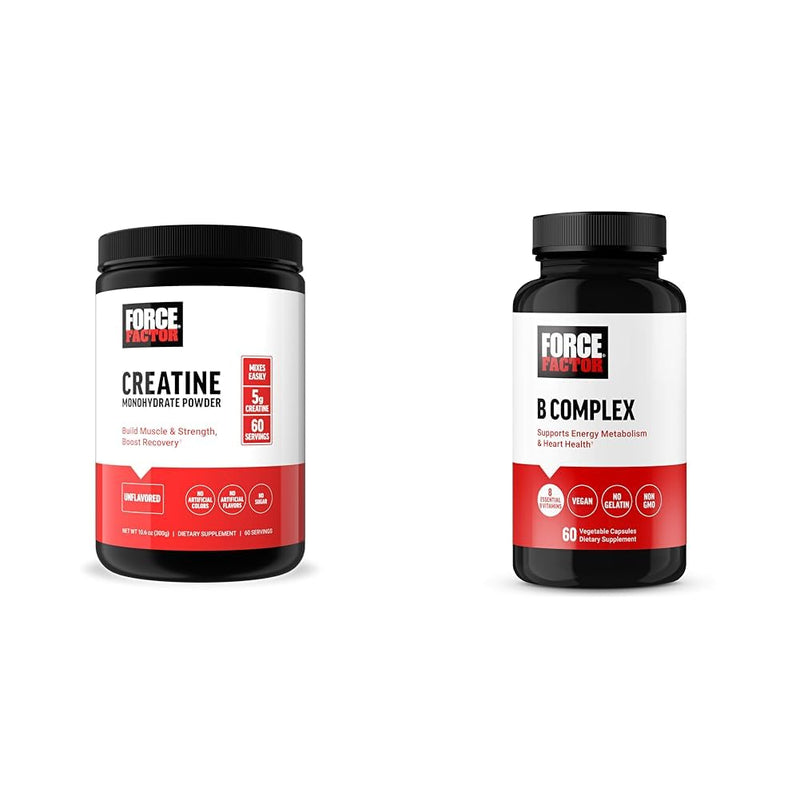 Force Factor Creatine Powder 60 Servings and Vitamin B Complex 60 Capsules Bundle for Muscle Gain, Strength, Energy, and Faster Recovery Nutritional Supplement+ Vitamin B Complex