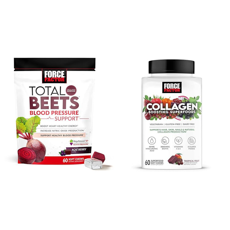 Force Factor Total Beets Blood Pressure Support 60 Chews and Collagen Boosting Superfoods 60 Soft Chews for Heart Health, Skin, Hair, and Nails 60 Count (Pack of 1) Blood Pressure Soft Chews+ Collagen Boosting