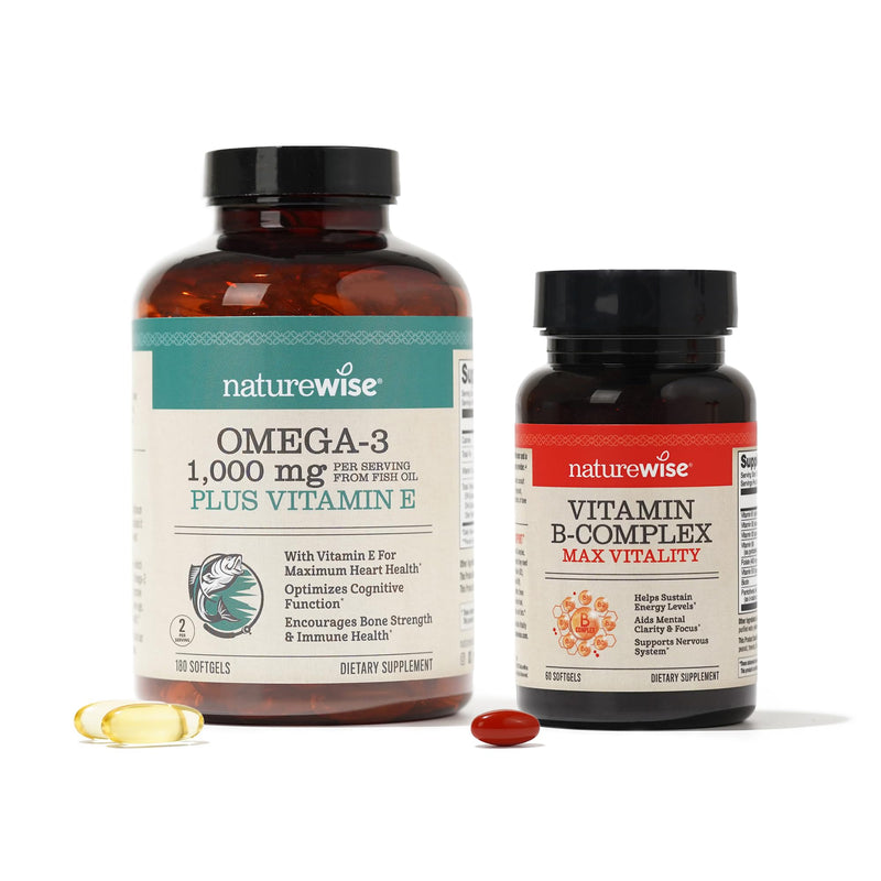 NatureWise 1000mg Omega 3 600mg EPA 400mg DHA with Vitamin E 180ct & Vitamin B Complex for Cellular Energy 60 Softgels[2-Month] 180 Count (Pack of 1) Omega 3+ Vitamin B Complex
