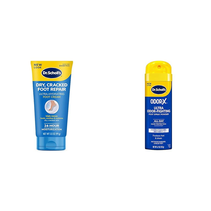Dr Scholl's Dry Cracked Foot Repair Cream 3.5 oz & Odor-X Ultra Odor-Fighting Spray Powder 4.7 oz Bundle