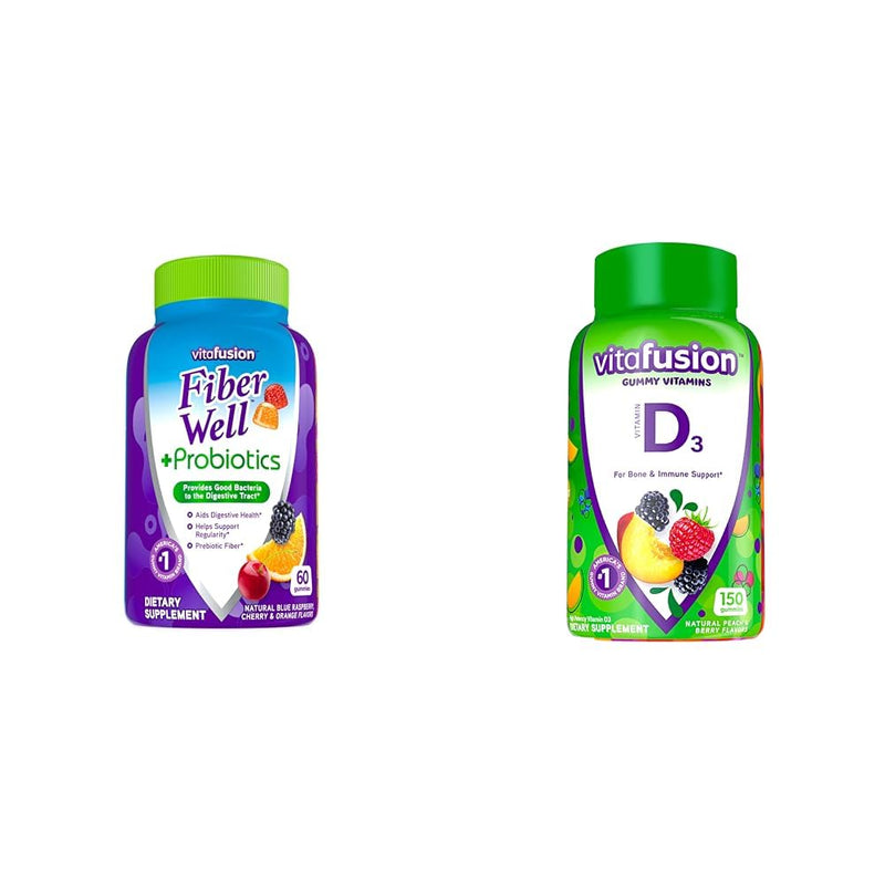 Vitafusion Fiber Well + Probiotics Gummies for Adults, 60 Count Vitamin D3 Gummy Vitamins, Peach, BlackBerry and Strawberry Flavored, 50 mcg Vitamin D, 150 Count Nutritional Supplement+ Vitamin D3 Gummy