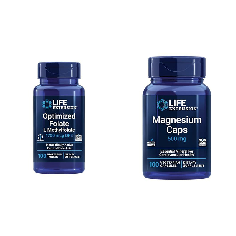 Life Extension Brain & Heart Health Folate and Magnesium Supplement Bundle, 100 Tablets and 100 Capsules Unflavored + Magnesium Caps 100 Count (Pack of 1)