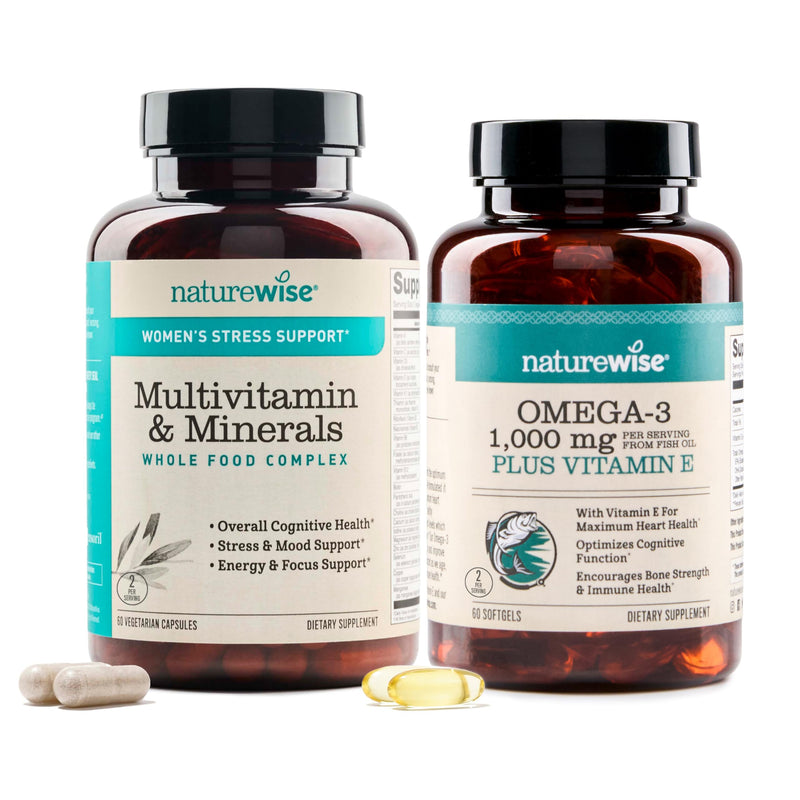 NatureWise [1 Multivitamin for Women Stress Support & Natural Minerals - 60 Capsules[30-Day Supply] + [1] Omega 3 Fish Oil 1000mg + Vitamin E - Wild-Caught - 60 Softgels[30-Day Supply]