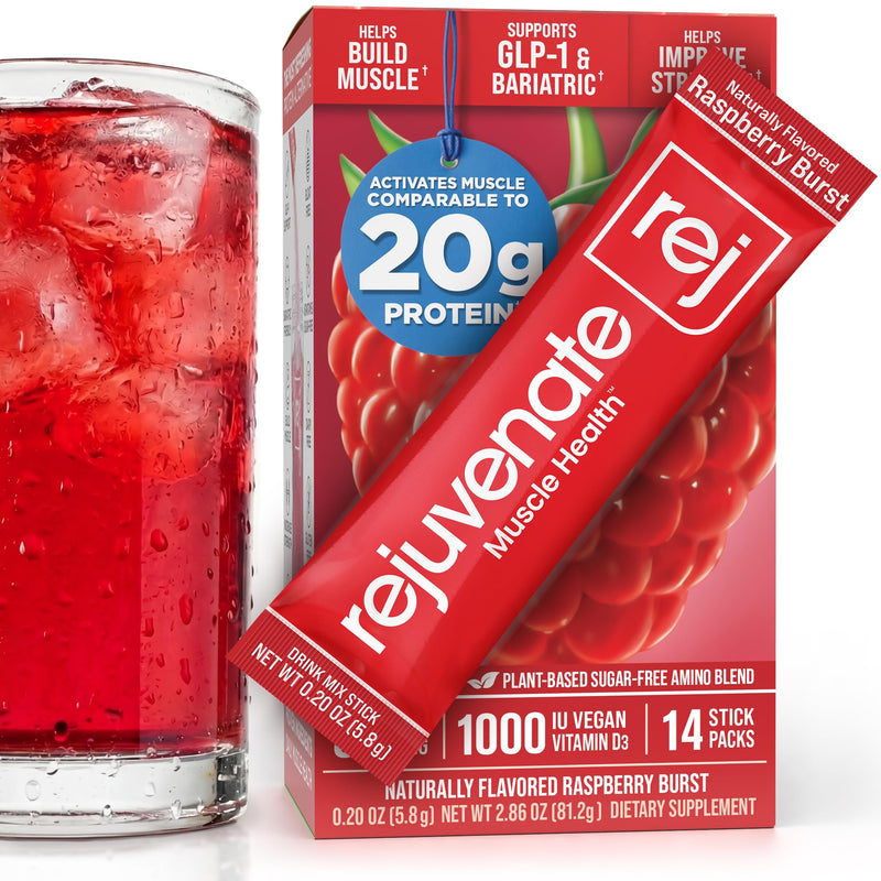 Rejuvenate Perfect Amino Acid Blend, 1 Stick = 20g Whey Protein, 5 Calories, Vegan Friendly EAA + BCAA for Muscle Growth, Strength & Energy, GLP-1 & Bariatric Support, No Bloat, No Sugar Raspberry Burst 14 Count