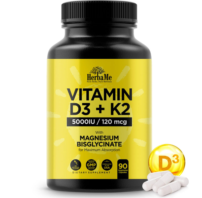 HerbaMe Vitamin D3 5000 IU + K2 with Magnesium Bisglycinate Formula | Complete D3 Activation & Calcium Absorption to Support Bone, Muscle & Immune Health, 90 Capsules