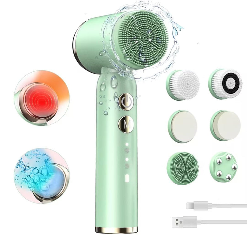 Electric Facial Cleansing Brush,8-in-1 Face Cleansing Brush with Hot & Cold Compress, 6 Brush Heads, 3 Spin Speeds, Waterproof face Scrubber for Exfoliating, Deep Cleansing,Massaging (Green) Green
