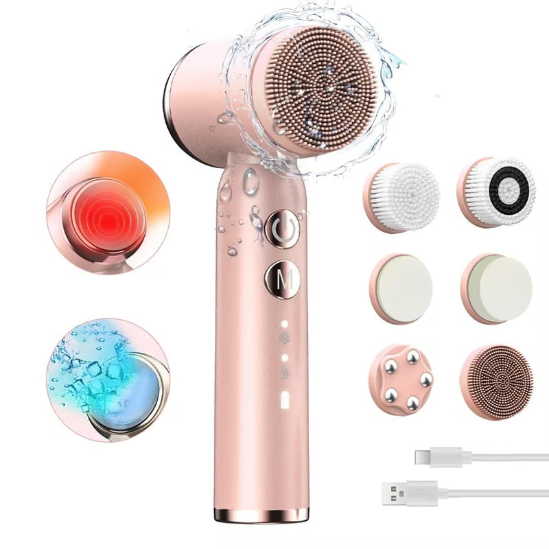 [Australia] - Electric Facial Cleansing Brush,8-in-1 Face Cleansing Brush with Hot & Cold Compress, 6 Brush Heads, 3 Spin Speeds, Waterproof face Scrubber for Exfoliating, Deep Cleansing,Massaging (Pink) Pink 