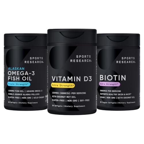 Sports Research® Triple Strength Omega-3 Fish Oil 1250mg from Wild Alaska Pollock, Vitamin D3 5000 IU with Coconut MCT Oil (125mcg) and Vegan Biotin 5000mcg Vitamin B7