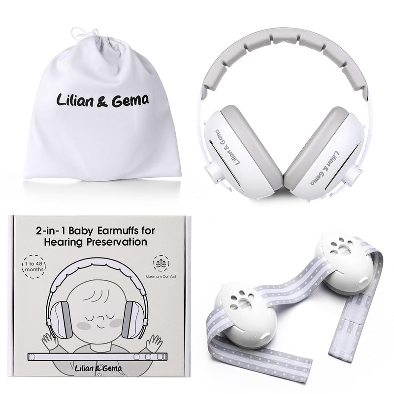 [Australia] - Lilian&Gema 2-in-1 Baby Ear Muffs Noise Protection, Adjustable Baby Headphones with Stretchy Band, Noise Cancelling Headphones for Baby & Toddler up to 4 Years, Baby Airplane Essentials/Outdoor, White 