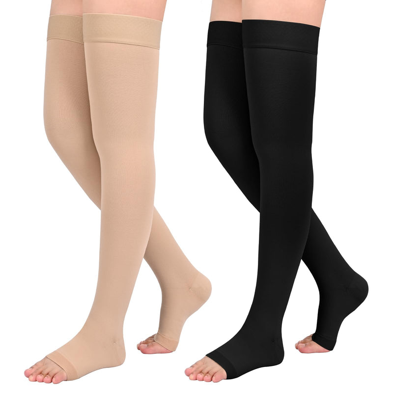 [Australia] - 2Pairs Ktinnead 20-30mmHg Thigh High Compression Stockings for Women, Thigh High Compression Socks, Medical Compression Stockings for Pregnant, Teacher, Doctor, Varicose Veins, Swelling, lymphedema XL Open toe-Beige+Open toe-Black 