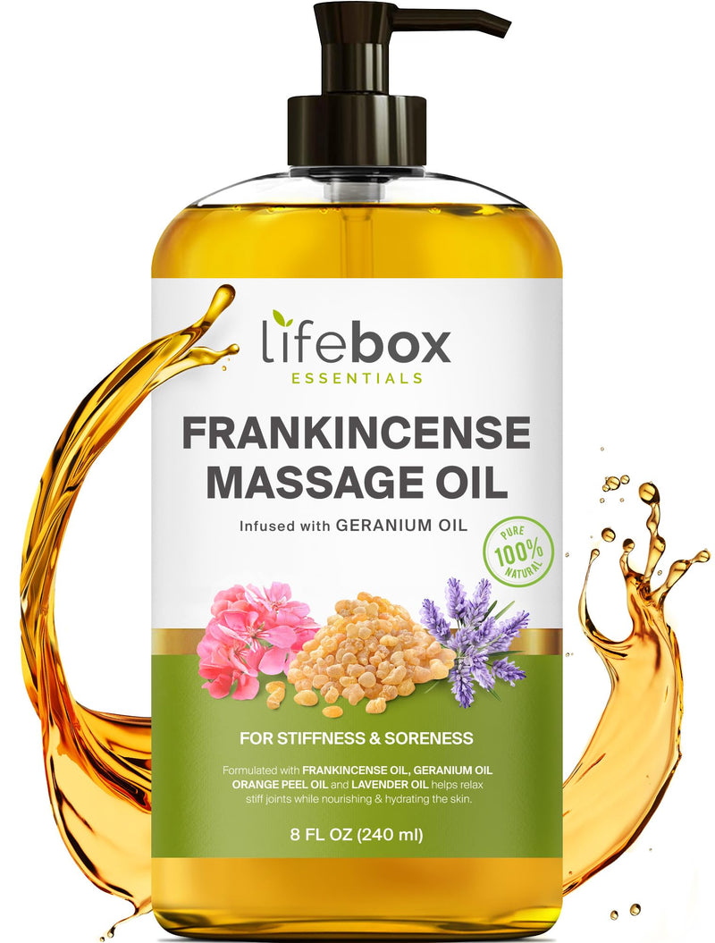 [Australia] - Frankincense Massage Oil – 100% Pure & Natural - Massage Therapy Oil for Soreness & Stiffness – Stretch Marks and Scars Body Oil Infused with Frankincense Essential Oil and Geranium Oil – 8 FL OZ 8 Fl Oz (Pack of 1) Frankincense - 8 Fl Oz (Pack of 1) 