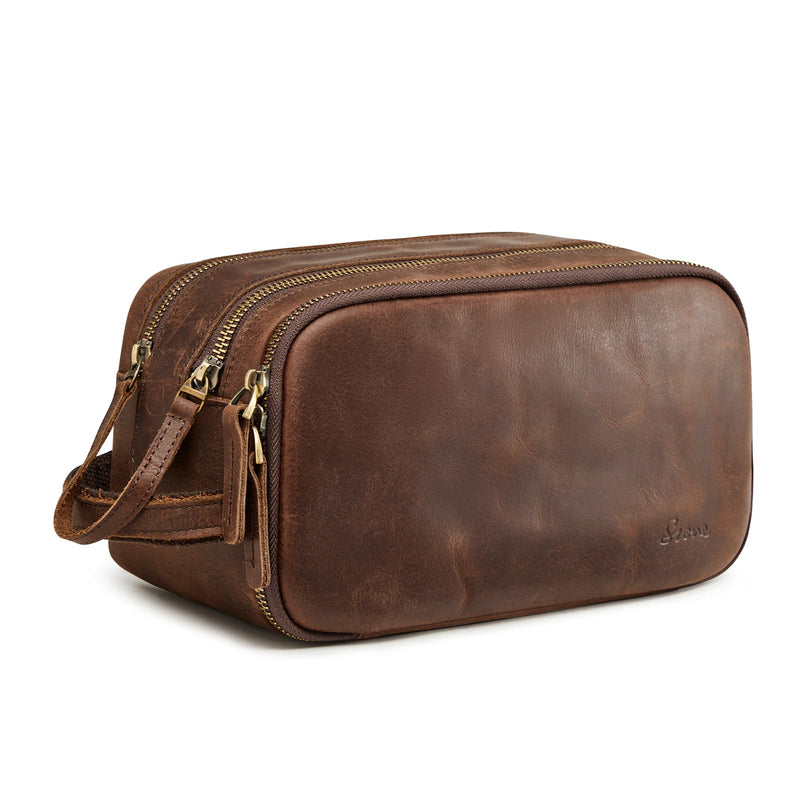 S-ZONE Leather Travel Toiletry Bag for Men Women Cosmetic Shaving Bags | Vintage Top Grain Leather, Multi Compartments, Bronze Hardware, Compact Dopp Kit Dark Brown
