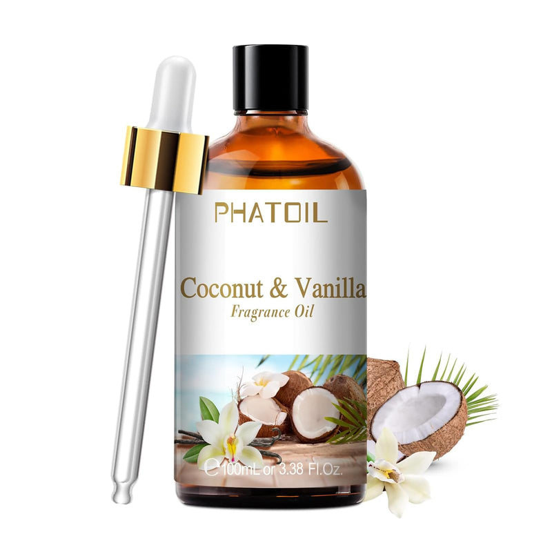 [Australia] - 100ML/3.38fl.oz Coconut & Vanilla Fragrance Oils, PHATOIL Coconut & Vanilla Oil for Diffuser, Humidifier, Scented Oils for DIY Soap, Candle Making with Premium Glass Dropper 3.38 Fl Oz (Pack of 1) 
