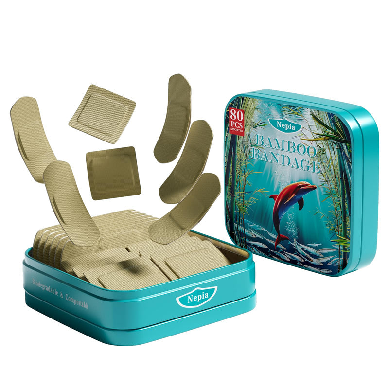 [Australia] - 80 PCS Tin Boxes Bamboo Bandages for Sensitive Skin, Eco Friendly Bandage, Latex Free Bandages Family Pack, Compostable, Biodegradable, Sterile, Flexible & First Aid Square & Strip Bandage Family Pack 