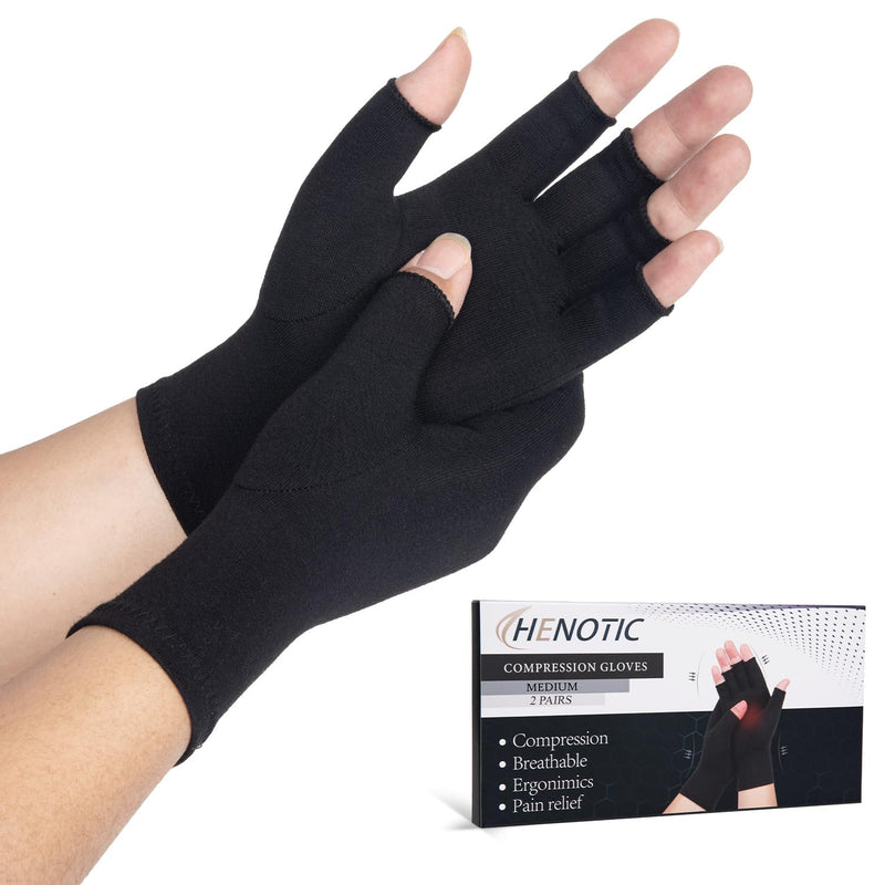 [Australia] - 2 Pairs Arthritis Compression Gloves for Women Men, Fingerless Breathable & Moisture Wicking Compression Gloves for Relieving Carpal Tunnel Aches, Rheumatoid Pains, Joint Swell Black M Black Two Pairs Medium: 2 3/5"-3 1/8" 