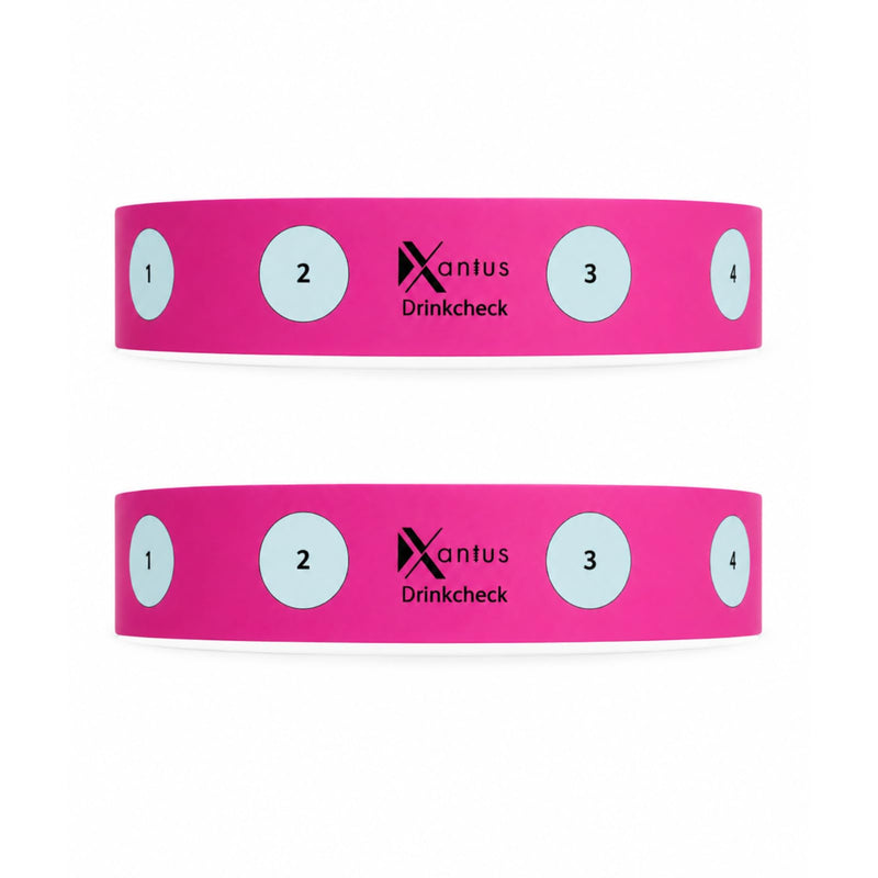 Drink Check Wristband Roofie Test by Xantus | Spiked Drink Wristband Tester Detects GHB Within 10 Seconds Test Your Drink | Spiking Protection Detector Made in USA | (2 Pink Wristbands 8 Tests) 2 Pack