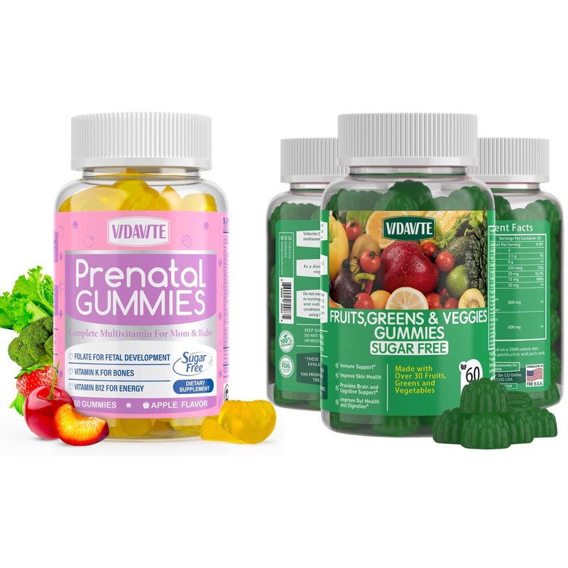 VIDAVITE Bundle of Sugar Free Prenatal Gummies + Sugar-Free Fruit and Veggie Gummies