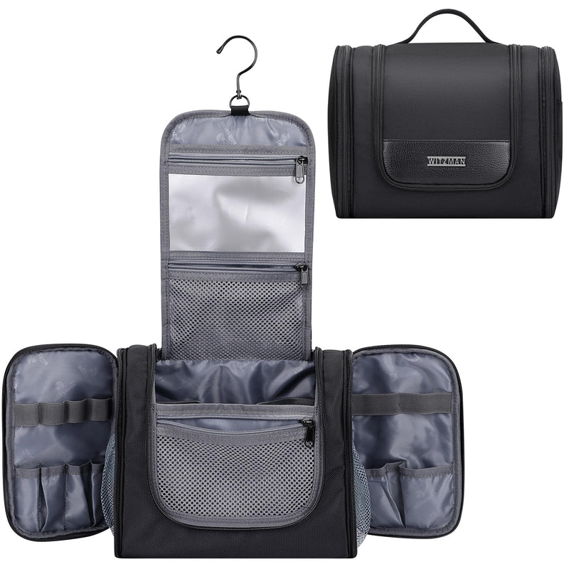 WITZMAN Toiletry Bag for Men Nylon Hanging Water-resistant Shaving Dopp Kit | With Dry-wet Separation Pocket, Multi-pockets for Organized Storage, Lightweight, For Travel, Bathroom, B690 Black