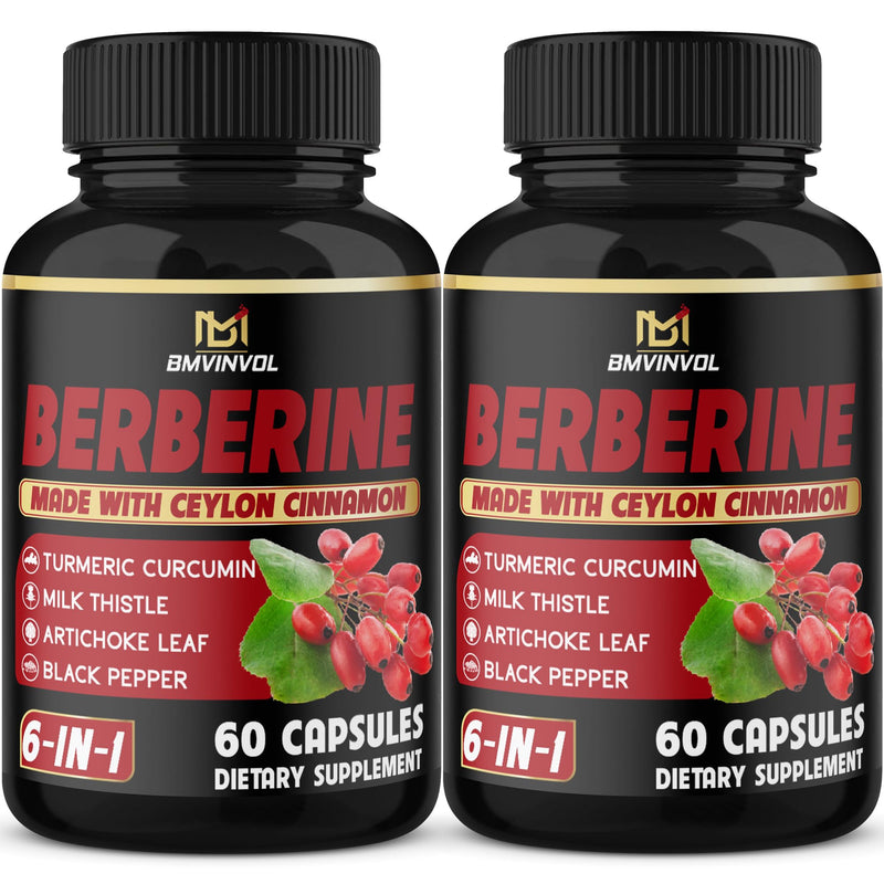 [Australia] - (2 Packs) Berberine Supplement Plus Ceylon Cinnamon, Turmeric - 120 Capsules - Supports Immune Function - Berberine HCl Supplement Pills - 4 Months Supply 60 Count (Pack of 2) 