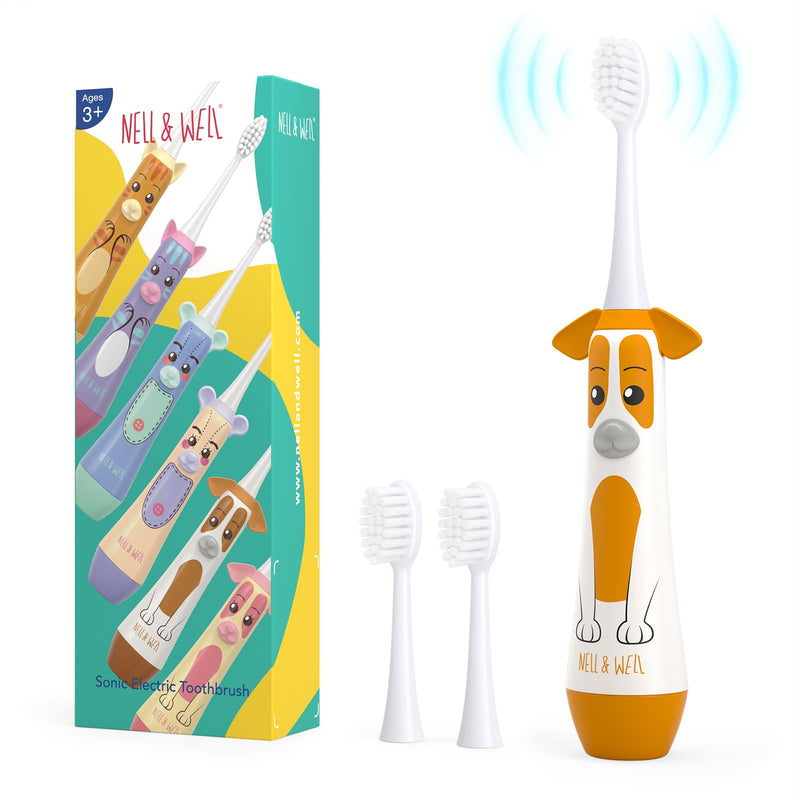 [Australia] - NELL&WELL [UPGRADE] Kids Electric Toothbrush with 2mins Brushing Timer, Battery Powered Toothbrushes with 3 Soft Bristles Heads for Children Boys and Girls Ages 3+, IPX7 Waterproof, BPA Free (Yellow) Yellow Dog 