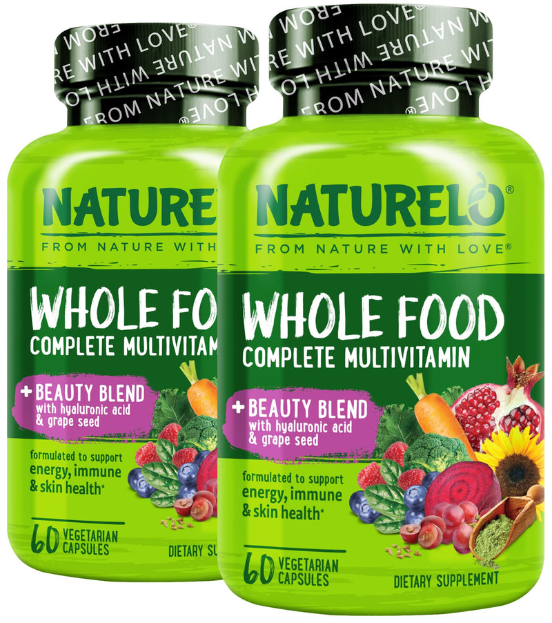 NATURELO Whole Food Multivitamin with Extra Hair, Skin & Nails Support - Beauty Blend with Hyaluronic Acid & Grape Seed - High Potency Biotin, Vitamin C, & Glutathione, 60 Vegan Capsules (Pack of 2) Unflavored 60 Count (Pack of 2)
