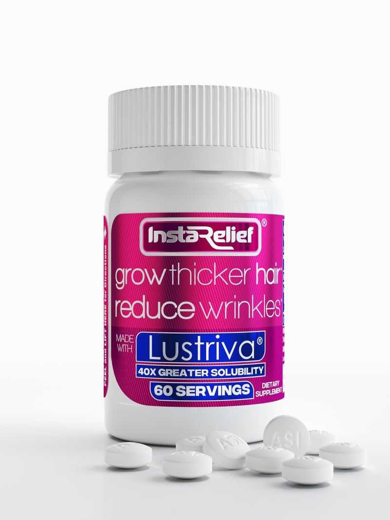 InstaRelief® Hair Growth with Lustriva® - Clinically Shown to Grow Thicker, Healthier Hair in 3 Weeks, Reduce Wrinkles and Fine Lines, with Biotin, Silicon, and Arginine, 60 Tablets 60 Count (Pack of 1)