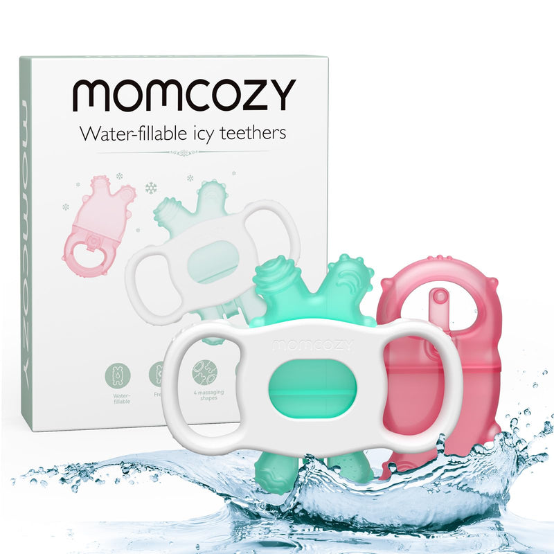 [Australia] - Momcozy Baby Teether Toys, Water Fillable Silicone Cold Baby Teething Toys Chill Teether, Baby Water Teether for Teething Relief 0-12 Months, Green and Pink 2 Pcs Pink and Green 