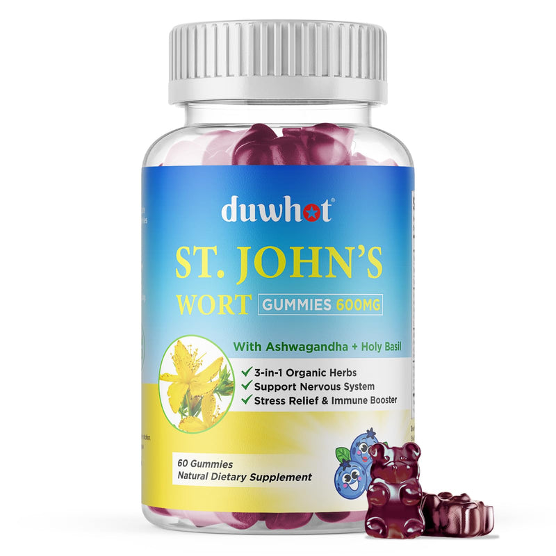 [Australia] - St John's Wort Gummies 600mg, with Ashwagandha & Holy Basil Extract for Adults & Kids, 3 in 1 Organic Herbal Supplements for Stress Relief, Nervous System Support, Non-GMO, Vegan, 60 ct. 